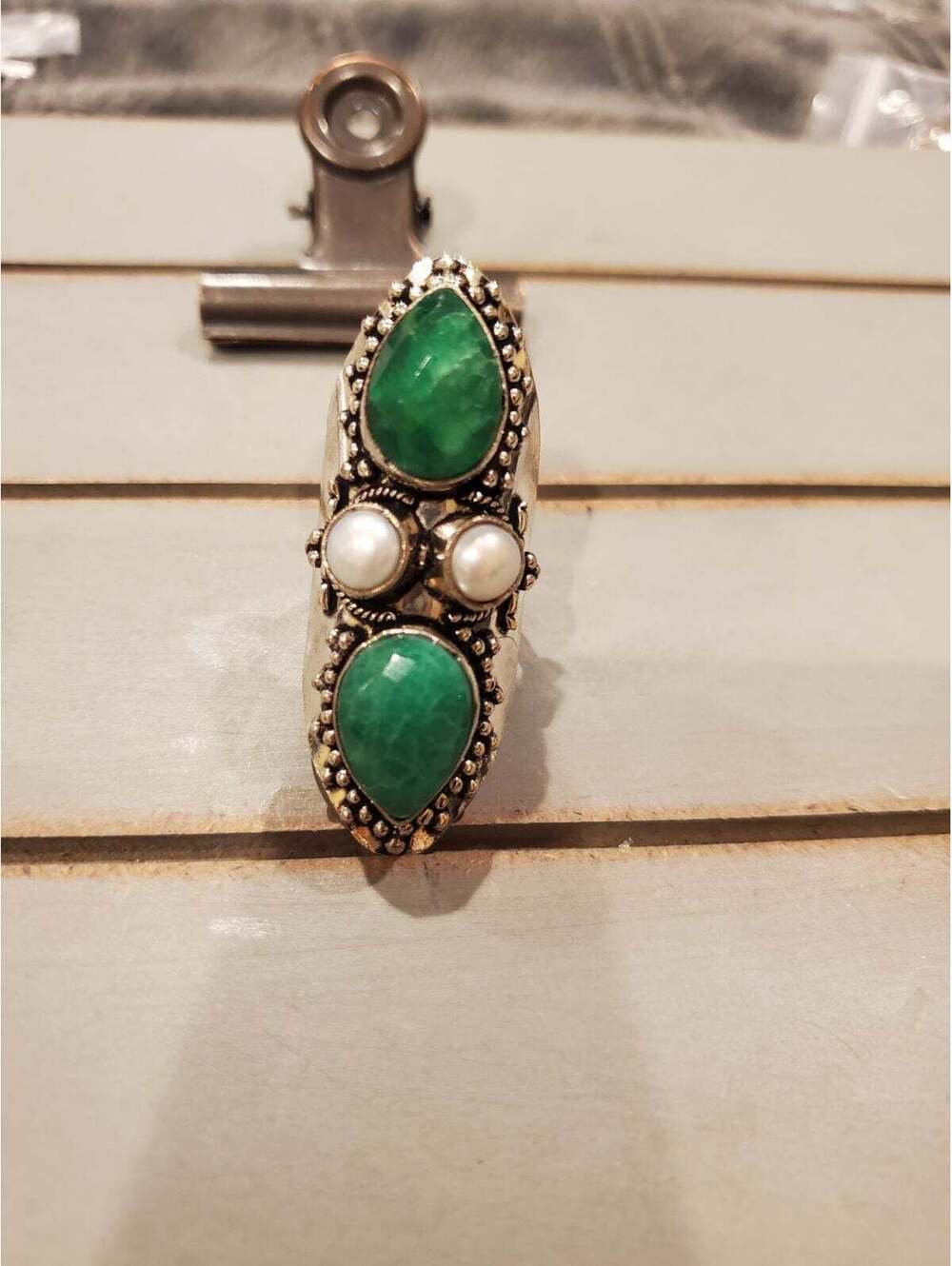 925 emerald & pearl shield ring sz 7.5